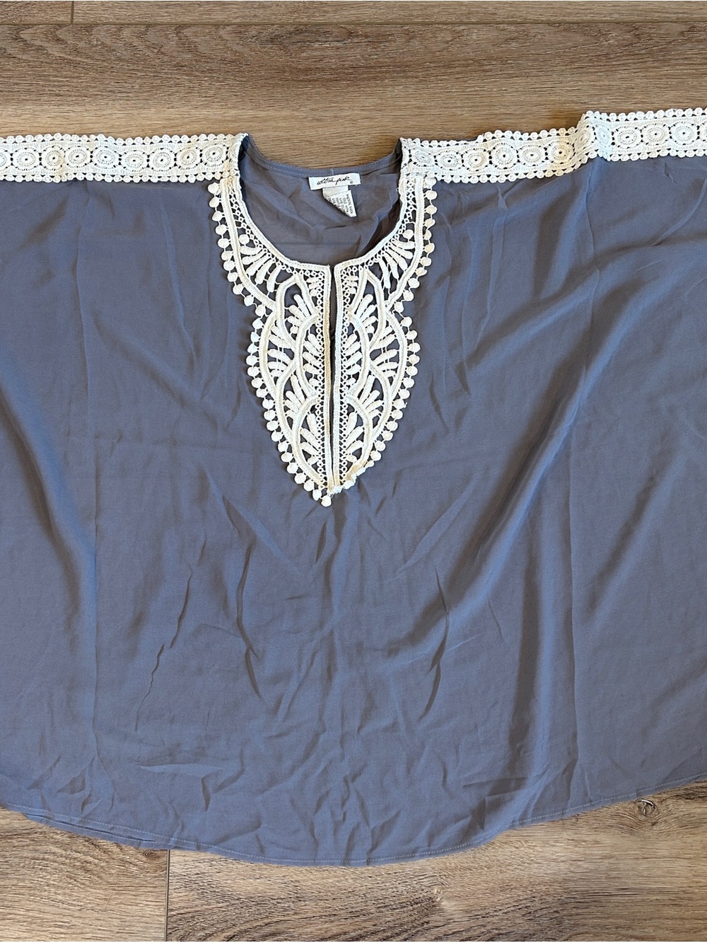 Embroidered Crochet Tunic Top in Slate Blue gray with Crème Trim sheer